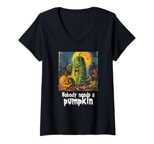 Damen Gruselige Gurke gegen Kürbis, Halloween, Gurken T-Shirt mit V-Ausschnitt Damen Gruselige Gurke gegen Kürbis, Halloween, Gurken T-Shirt mit V-Ausschnitt von Halloween Kürbisse und Gurken