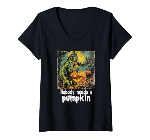 Damen Gruselige Gurke gegen Kürbis, Halloween, Gurken T-Shirt mit V-Ausschnitt Damen Gruselige Gurke gegen Kürbis, Halloween, Gurken T-Shirt mit V-Ausschnitt von Halloween Kürbisse und Gurken