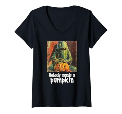 Damen Gruselige Gurke gegen Kürbis, Halloween, Gurken T-Shirt mit V-Ausschnitt Damen Gruselige Gurke gegen Kürbis, Halloween, Gurken T-Shirt mit V-Ausschnitt von Halloween Kürbisse und Gurken