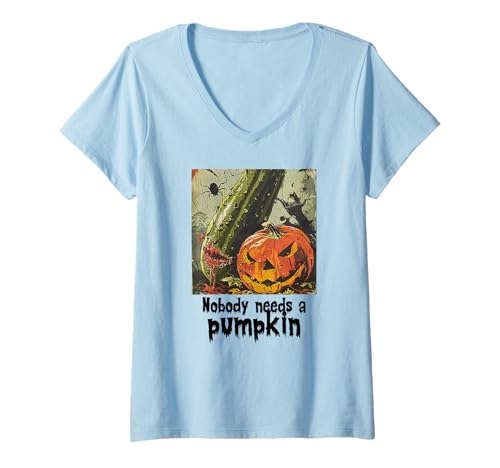Damen Gruselige Gurke gegen Kürbis, Halloween, Gurken T-Shirt mit V-Ausschnitt Damen Gruselige Gurke gegen Kürbis, Halloween, Gurken T-Shirt mit V-Ausschnitt von Halloween Kürbisse und Gurken