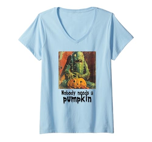Damen Gruselige Gurke gegen Kürbis, Halloween, Gurken T-Shirt mit V-Ausschnitt Damen Gruselige Gurke gegen Kürbis, Halloween, Gurken T-Shirt mit V-Ausschnitt von Halloween Kürbisse und Gurken