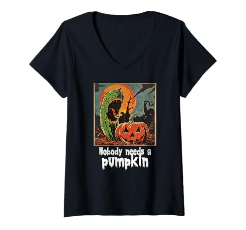 Damen Gruselige Gurke gegen Kürbis, Halloween, Gurken T-Shirt mit V-Ausschnitt Damen Gruselige Gurke gegen Kürbis, Halloween, Gurken T-Shirt mit V-Ausschnitt von Halloween Kürbisse und Gurken