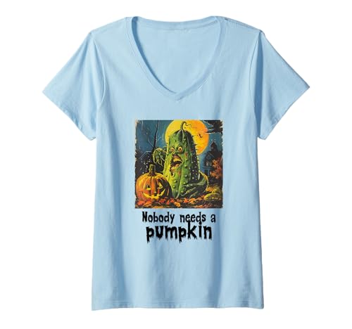Damen Gruselige Gurke gegen Kürbis, Halloween, Gurken T-Shirt mit V-Ausschnitt Damen Gruselige Gurke gegen Kürbis, Halloween, Gurken T-Shirt mit V-Ausschnitt von Halloween Kürbisse und Gurken