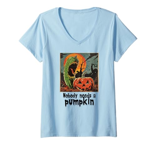 Damen Gruselige Gurke gegen Kürbis, Halloween, Gurken T-Shirt mit V-Ausschnitt Damen Gruselige Gurke gegen Kürbis, Halloween, Gurken T-Shirt mit V-Ausschnitt von Halloween Kürbisse und Gurken