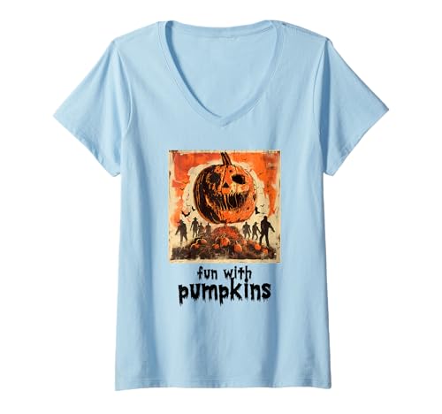 Damen Gruseliger Kürbis, Halloween, Kürbis T-Shirt mit V-Ausschnitt Damen Gruseliger Kürbis, Halloween, Kürbis T-Shirt mit V-Ausschnitt von Halloween Kürbisse
