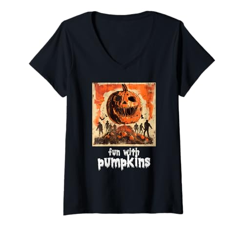 Damen Gruseliger Kürbis, Halloween, Kürbis T-Shirt mit V-Ausschnitt Damen Gruseliger Kürbis, Halloween, Kürbis T-Shirt mit V-Ausschnitt von Halloween Kürbisse