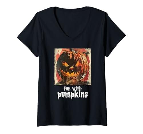 Damen Gruseliger Kürbis, Halloween, Kürbis T-Shirt mit V-Ausschnitt Damen Gruseliger Kürbis, Halloween, Kürbis T-Shirt mit V-Ausschnitt von Halloween Kürbisse