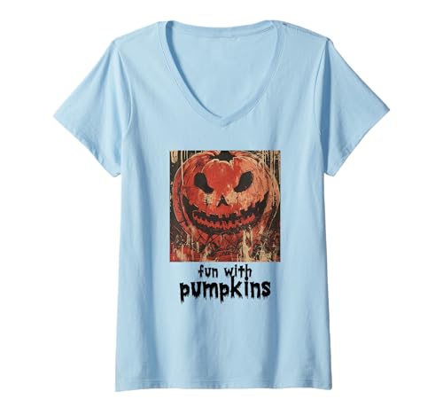 Damen Gruseliger Kürbis, Halloween, Kürbis T-Shirt mit V-Ausschnitt Damen Gruseliger Kürbis, Halloween, Kürbis T-Shirt mit V-Ausschnitt von Halloween Kürbisse