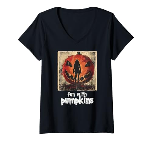 Damen Gruseliger Kürbis, Halloween, Kürbis T-Shirt mit V-Ausschnitt Damen Gruseliger Kürbis, Halloween, Kürbis T-Shirt mit V-Ausschnitt von Halloween Kürbisse