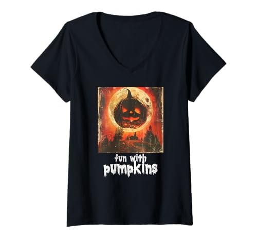 Damen Gruseliger Kürbis, Halloween, Kürbis T-Shirt mit V-Ausschnitt Damen Gruseliger Kürbis, Halloween, Kürbis T-Shirt mit V-Ausschnitt von Halloween Kürbisse