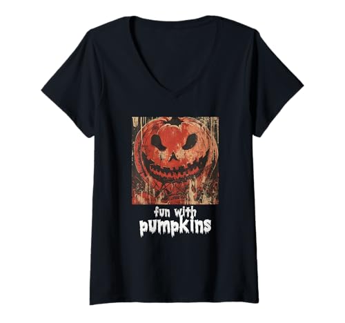 Damen Gruseliger Kürbis, Halloween, Kürbis T-Shirt mit V-Ausschnitt Damen Gruseliger Kürbis, Halloween, Kürbis T-Shirt mit V-Ausschnitt von Halloween Kürbisse