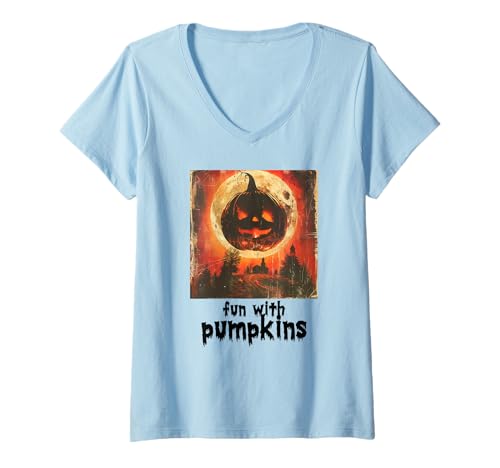 Damen Gruseliger Kürbis, Halloween, Kürbis T-Shirt mit V-Ausschnitt Damen Gruseliger Kürbis, Halloween, Kürbis T-Shirt mit V-Ausschnitt von Halloween Kürbisse