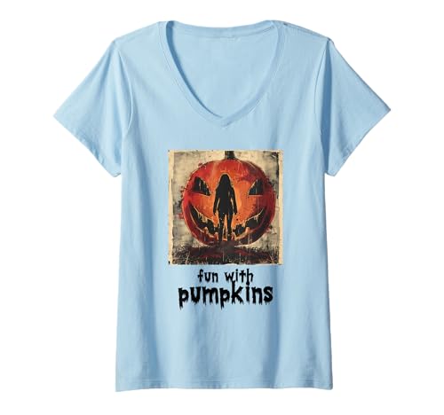 Damen Gruseliger Kürbis, Halloween, Kürbis T-Shirt mit V-Ausschnitt Damen Gruseliger Kürbis, Halloween, Kürbis T-Shirt mit V-Ausschnitt von Halloween Kürbisse