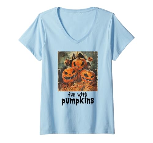 Damen Gruseliger Kürbis, Halloween, Kürbis T-Shirt mit V-Ausschnitt Damen Gruseliger Kürbis, Halloween, Kürbis T-Shirt mit V-Ausschnitt von Halloween Kürbisse