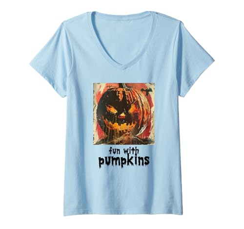 Damen Gruseliger Kürbis, Halloween, Kürbis T-Shirt mit V-Ausschnitt Damen Gruseliger Kürbis, Halloween, Kürbis T-Shirt mit V-Ausschnitt von Halloween Kürbisse