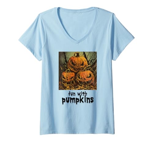 Damen Gruseliger Kürbis, Halloween, Kürbis T-Shirt mit V-Ausschnitt Damen Gruseliger Kürbis, Halloween, Kürbis T-Shirt mit V-Ausschnitt von Halloween Kürbisse