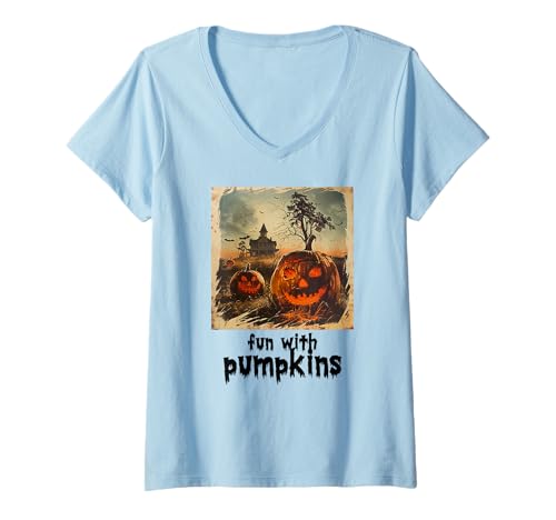 Damen Gruseliger Kürbis, Halloween, Kürbis T-Shirt mit V-Ausschnitt Damen Gruseliger Kürbis, Halloween, Kürbis T-Shirt mit V-Ausschnitt von Halloween Kürbisse