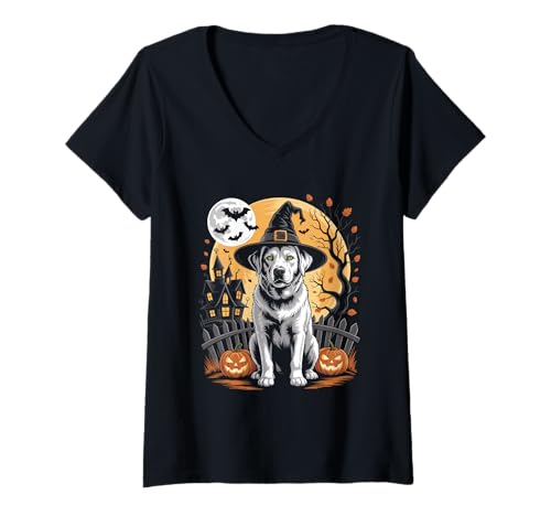 Damen Halloween Labrador Hexenhut - Gruseliger Hund Kürbis T-Shirt mit V-Ausschnitt Damen Halloween Labrador Hexenhut - Gruseliger Hund Kürbis T-Shirt mit V-Ausschnitt von Halloween Labrador Witch Hat Vibes