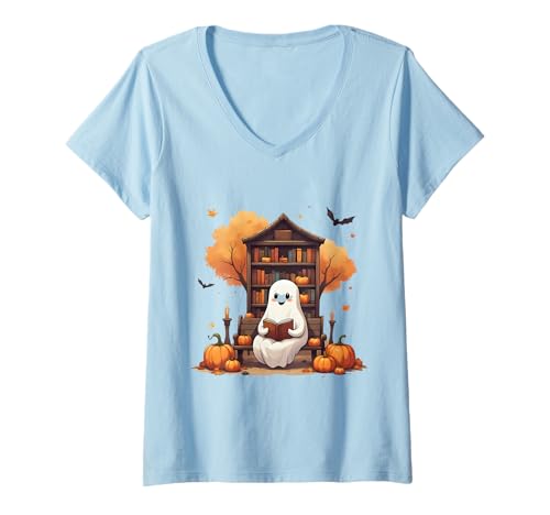 Damen Süßer Geist mit Büchern und Kürbissen Halloween T-Shirt mit V-Ausschnitt Damen Süßer Geist mit Büchern und Kürbissen Halloween T-Shirt mit V-Ausschnitt von Halloween Lese Motive