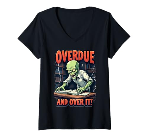 Damen Overdue Halloween Zombie Reader T-Shirt mit V-Ausschnitt Damen Overdue Halloween Zombie Reader T-Shirt mit V-Ausschnitt von Halloween Library Ghoul Squad