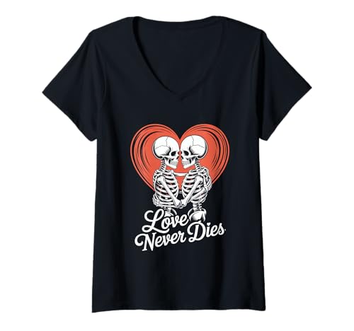 Damen Skelett Paar Liebe Love Never Dies Halloween Herz T-Shirt mit V-Ausschnitt Damen Skelett Paar Liebe Love Never Dies Halloween Herz T-Shirt mit V-Ausschnitt von Halloween Liebe Skelette Herz Paar Romantik