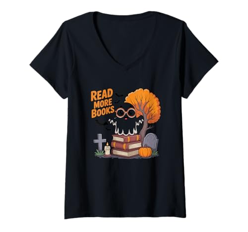 Damen Lesen Sie mehr Bücher Halloween Ghostly Vibes T-Shirt mit V-Ausschnitt Damen Lesen Sie mehr Bücher Halloween Ghostly Vibes T-Shirt mit V-Ausschnitt von Halloween Literary Enthusiast Books Ghost