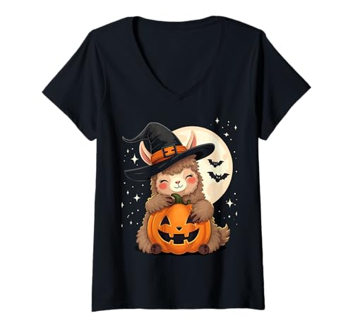 Damen Süßer Halloween Lama Hexenhut Kürbis Gruselig T-Shirt mit V-Ausschnitt Damen Süßer Halloween Lama Hexenhut Kürbis Gruselig T-Shirt mit V-Ausschnitt von Halloween Llamas Pumpkins Bats Costumes Tees