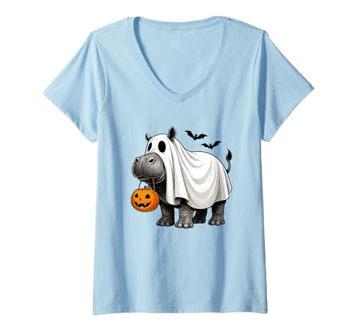 Damen Lustiges Geister Kostüm Halloween Hippopotamus Kürbislaterne T-Shirt mit V-Ausschnitt Damen Lustiges Geister Kostüm Halloween Hippopotamus Kürbislaterne T-Shirt mit V-Ausschnitt von Halloween Lustiges Tier Nilpferd Geist