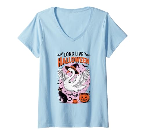 Damen Long Live Halloween Schwan Hexenhut Katze T-Shirt mit V-Ausschnitt Damen Long Live Halloween Schwan Hexenhut Katze T-Shirt mit V-Ausschnitt von Halloween Magic Swan Witch Cat Pumpkin
