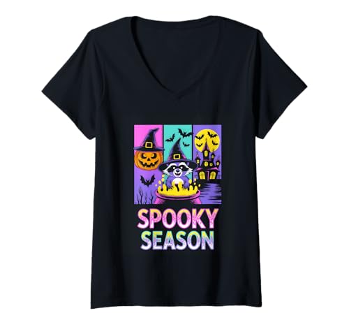 Damen Spooky Season Waschbär Hexenkessel Spaß T-Shirt mit V-Ausschnitt Damen Spooky Season Waschbär Hexenkessel Spaß T-Shirt mit V-Ausschnitt von Halloween Magic Witchy Raccoon Fun