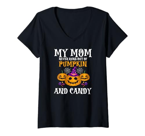 Damen Lustige Halloween-Mama Kürbis-Süßigkeiten-Szene T-Shirt mit V-Ausschnitt Damen Lustige Halloween-Mama Kürbis-Süßigkeiten-Szene T-Shirt mit V-Ausschnitt von Halloween-Mama-Kürbis-Lutscher-Witz