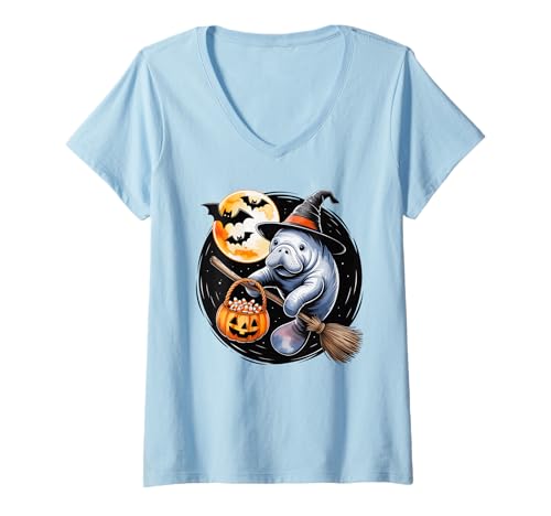 Damen Manatee Witch Hat Spooky Halloween Costume Men Women Kids T-Shirt mit V-Ausschnitt Damen Manatee Witch Hat Spooky Halloween Costume Men Women Kids T-Shirt mit V-Ausschnitt von Halloween Manatee Costume Fun for Kids and Adults