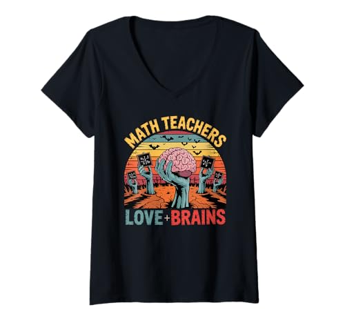Damen Retro-Zombie-Mathematiklehrer lieben Gehirn-Design T-Shirt mit V-Ausschnitt Damen Retro-Zombie-Mathematiklehrer lieben Gehirn-Design T-Shirt mit V-Ausschnitt von Halloween Math Teachers by NLTS