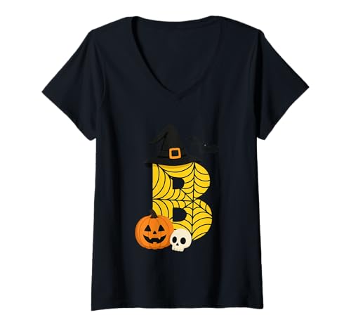 Damen B mit Hexenhut und Spinnennetz T-Shirt mit V-Ausschnitt von Halloween Monster Alphabet. Click here for more...