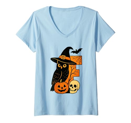 Damen E Steht für unheimlichen Halloween-Eulenschädel T-Shirt mit V-Ausschnitt von Halloween Monster Alphabet. Click here for more...