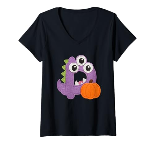 Damen Gruseliges Halloween Monster Dino Fun T-Shirt mit V-Ausschnitt von Halloween Monster Alphabet. Click here for more...