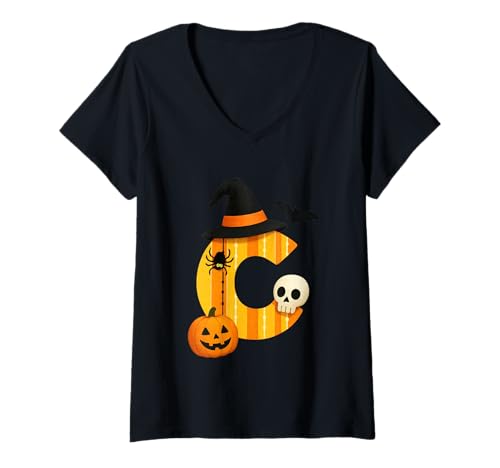 Damen Halloween Alphabet C Hexe Kürbis Schädel T-Shirt mit V-Ausschnitt von Halloween Monster Alphabet. Click here for more...