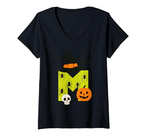 Damen Halloween Hexenhut Buchstabe M Gruseliger Totenkopf T-Shirt mit V-Ausschnitt von Halloween Monster Alphabet. Click here for more...