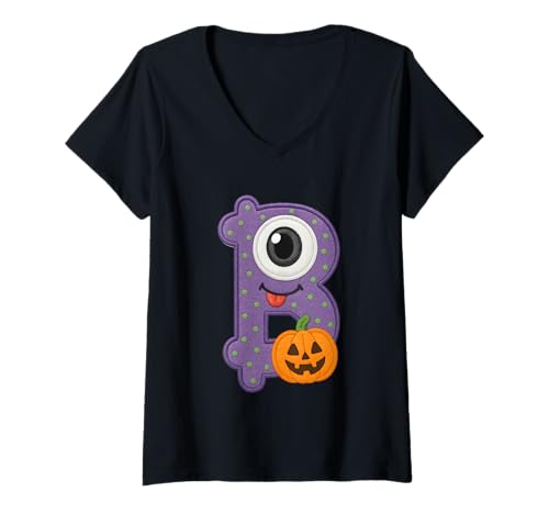 Damen Halloween Monster Eye B Kürbisspaß T-Shirt mit V-Ausschnitt von Halloween Monster Alphabet. Click here for more...