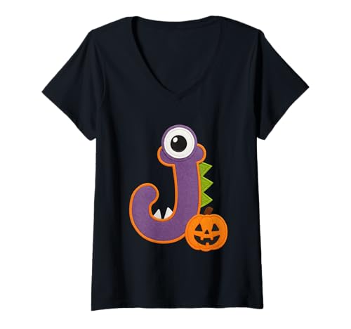 Damen J Monster Halloween Kürbis Fun T-Shirt mit V-Ausschnitt von Halloween Monster Alphabet. Click here for more...