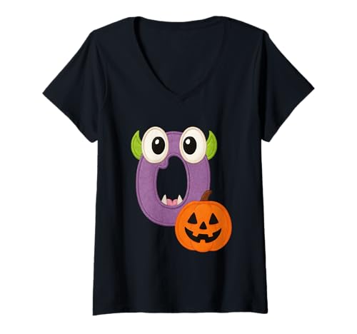 Damen Monster Kürbis Halloween Fun Boo Cute T-Shirt mit V-Ausschnitt von Halloween Monster Alphabet. Click here for more...