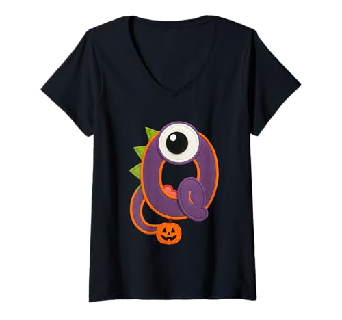Damen Niedliche Monster Q Halloween Jack O Laterne T-Shirt mit V-Ausschnitt von Halloween Monster Alphabet. Click here for more...