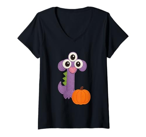 Damen Niedliches dreiäugiges Monster mit Kürbis T-Shirt mit V-Ausschnitt von Halloween Monster Alphabet. Click here for more...