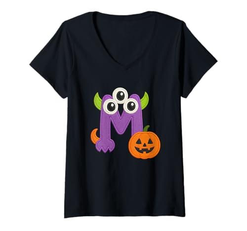 Damen Süßes Monster M dchen mit Kürbis Halloween Spaß T-Shirt mit V-Ausschnitt von Halloween Monster Alphabet. Click here for more...