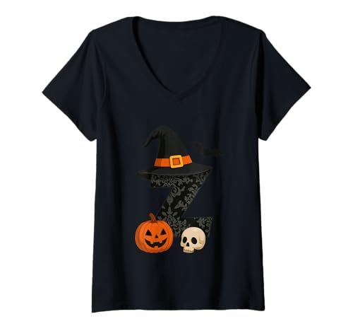 Damen Z Gruseliger Halloween Hexenhut Kürbis T-Shirt mit V-Ausschnitt von Halloween Monster Alphabet. Click here for more...