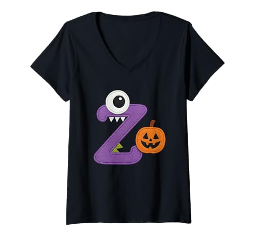 Damen Z Monster Eye Kürbis Halloween Fun T-Shirt mit V-Ausschnitt von Halloween Monster Alphabet. Click here for more...