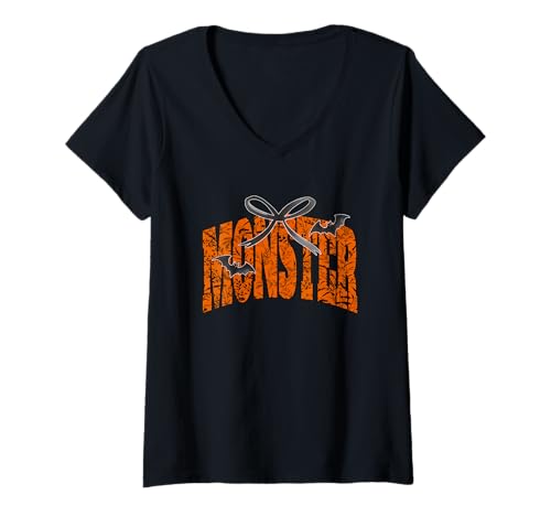 Damen Monster Halloween Fledermäuse Schleife T-Shirt mit V-Ausschnitt Damen Monster Halloween Fledermäuse Schleife T-Shirt mit V-Ausschnitt von Halloween Monster Forest Bats Bow