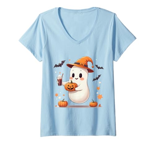 Damen Halloween Geist mit Kürbis und Kaffee Süß T-Shirt mit V-Ausschnitt Damen Halloween Geist mit Kürbis und Kaffee Süß T-Shirt mit V-Ausschnitt von Halloween Motiv Kawaii