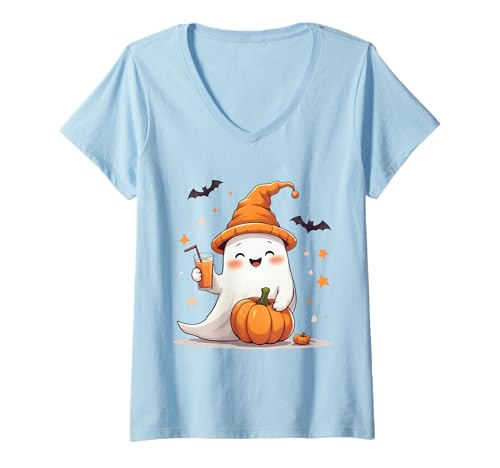 Damen Halloween Geist mit Kürbis und Getränk Süß T-Shirt mit V-Ausschnitt Damen Halloween Geist mit Kürbis und Getränk Süß T-Shirt mit V-Ausschnitt von Halloween Motiv Süß