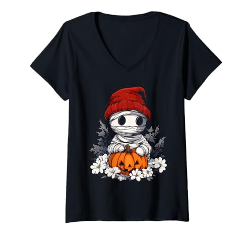 Damen Halloween Kürbis Blumen Frauen Männer Kinder Mumie Halloween T-Shirt mit V-Ausschnitt Damen Halloween Kürbis Blumen Frauen Männer Kinder Mumie Halloween T-Shirt mit V-Ausschnitt von Halloween Mumie Kostüm Damen Herren Halloween Deko